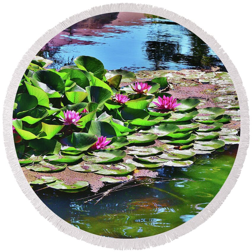 Linda Brody Round Beach Towel featuring the photograph 12 Lily Pond with Water Reflections by Linda Brody