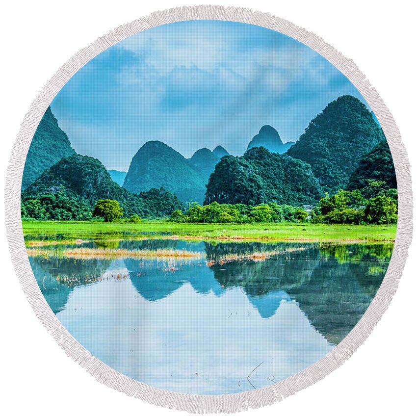 Karst Round Beach Towel featuring the photograph Karst rural scenery in raining #126 by Carl Ning