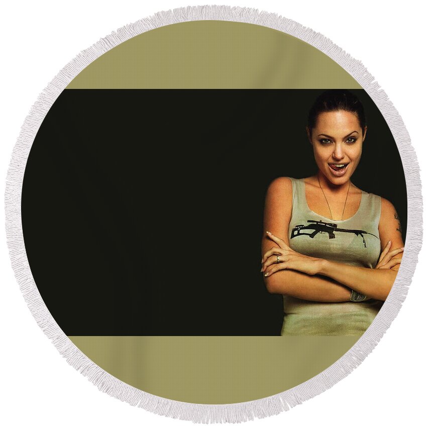 Angelina Jolie Round Beach Towel featuring the digital art Angelina Jolie #13 by Super Lovely