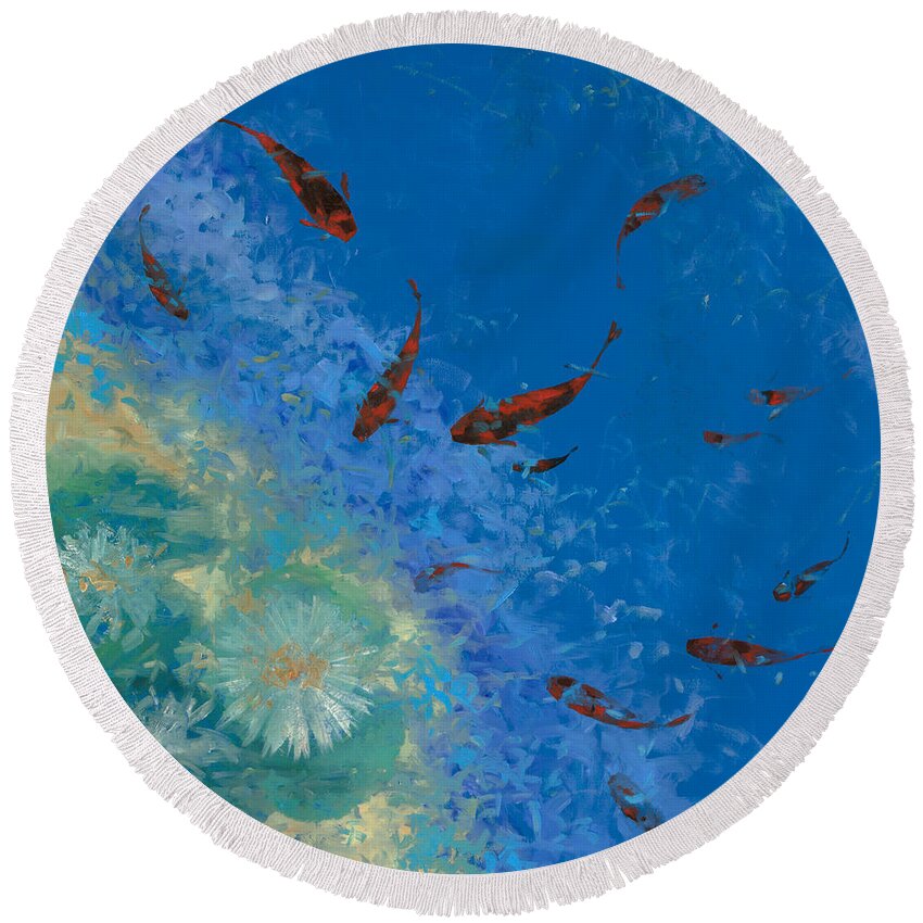 Fishscape Round Beach Towel featuring the painting 13 Pesciolini Rossi by Guido Borelli