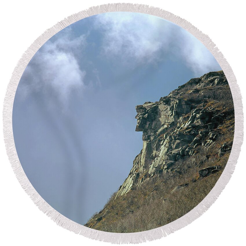 135701 Round Beach Towel featuring the photograph 135701 Old Man of the Mountain NH by Ed Cooper Photography