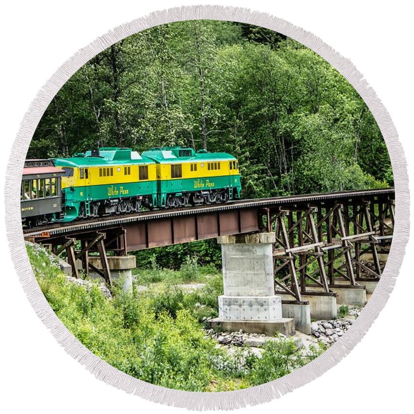 White Round Beach Towel featuring the photograph Scenic train from Skagway to White Pass Alaska #14 by Alex Grichenko