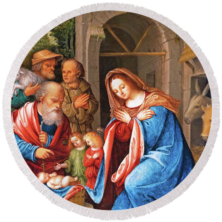 Christmas Round Beach Towel featuring the painting 1518 Nativity by Munir Alawi