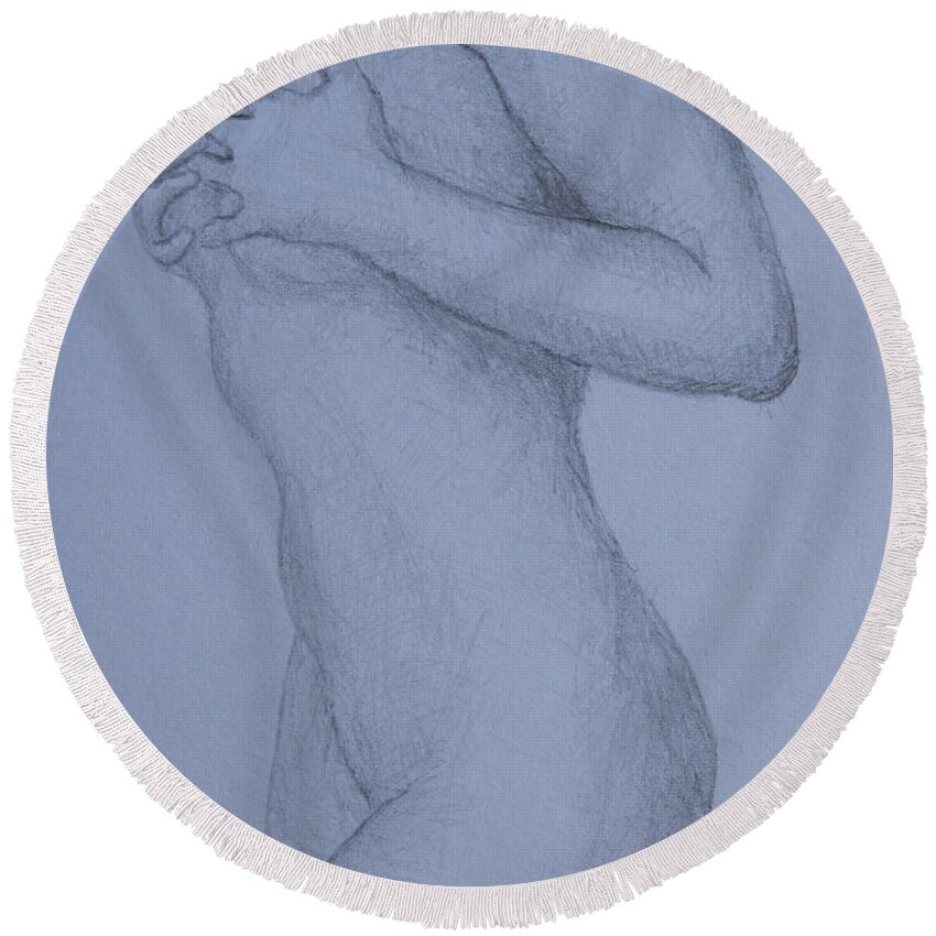 Nude Round Beach Towel featuring the drawing Nude Study #155 by Masami Iida