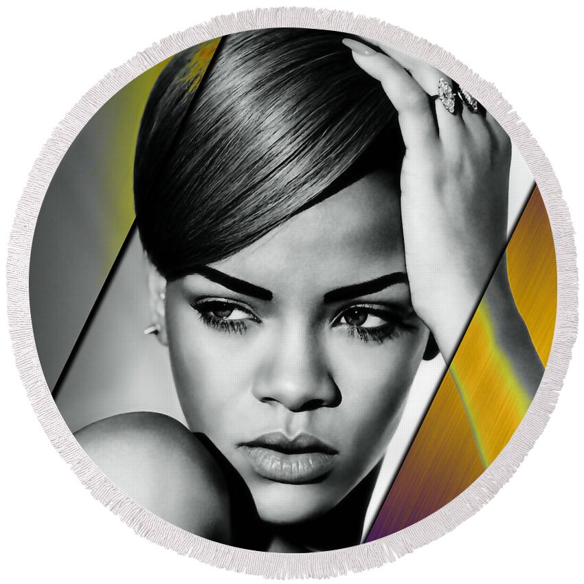 Rihanna Round Beach Towel featuring the mixed media Rihanna Collection #17 by Marvin Blaine