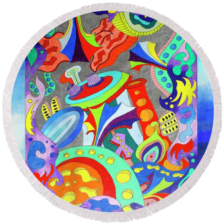 Drawing Round Beach Towel featuring the drawing 163 - Metropolis 3 by James D Waller