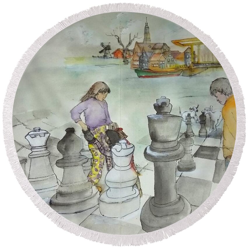 The Netherlands. Cityscape. Landscape. Big Chess. Figures. Round Beach Towel featuring the painting Tulips clogs and windmills album #17 by Debbi Saccomanno Chan