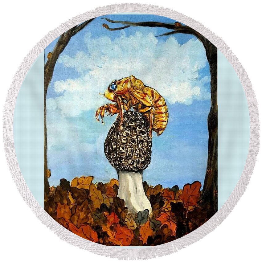 Morel Round Beach Towel featuring the painting 17 year Cicada With Morel by Alexandria Weaselwise Busen
