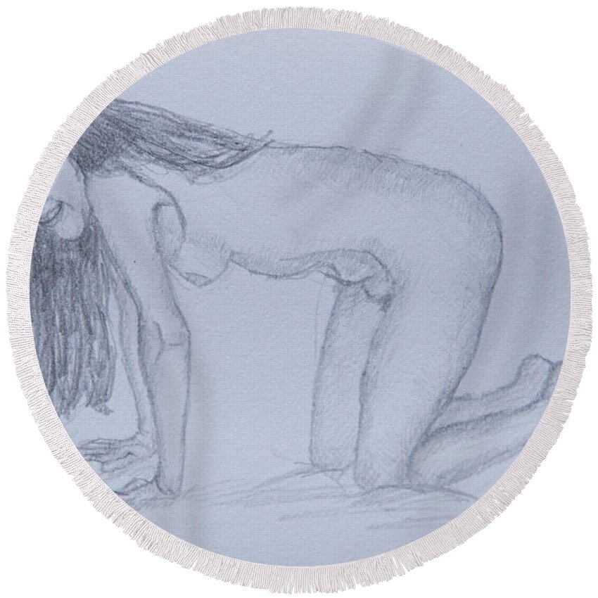 Nude Round Beach Towel featuring the drawing Nude Study #170 by Masami Iida