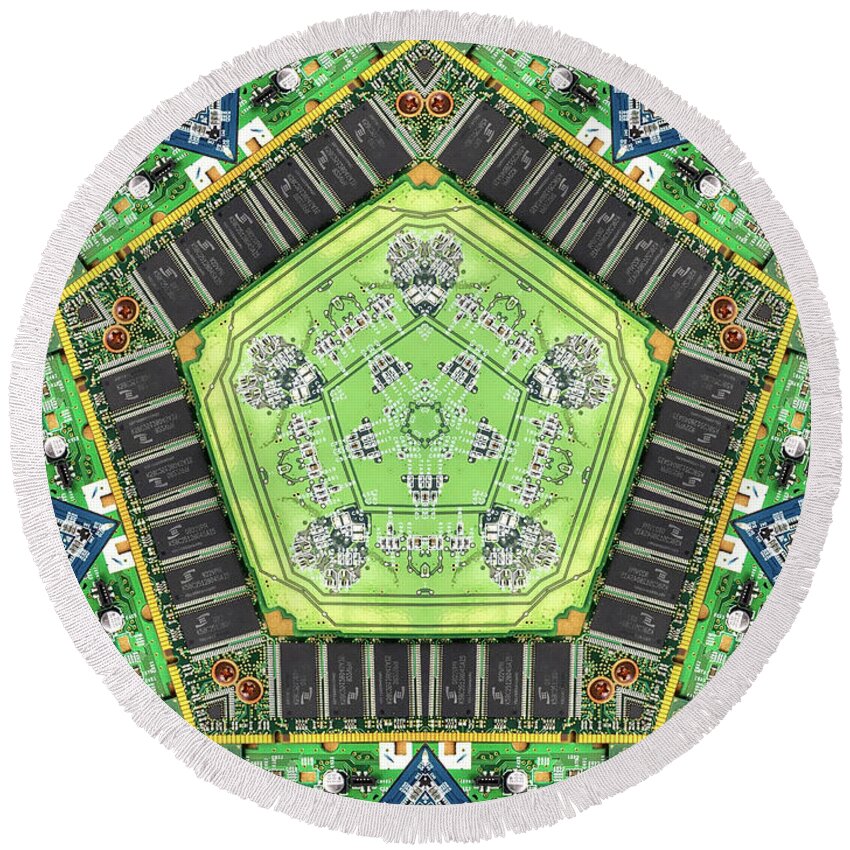 Chip Round Beach Towel featuring the photograph Computer Circuit Board Kaleidoscopic Design #18 by Amy Cicconi