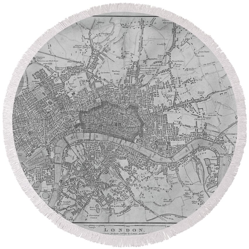 1815 Round Beach Towel featuring the digital art 1815 London Map Black and White by Toby McGuire
