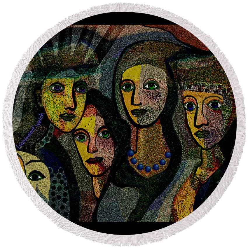1874 Round Beach Towel featuring the digital art 1874- The Scared Ones 2017 by Irmgard Schoendorf Welch