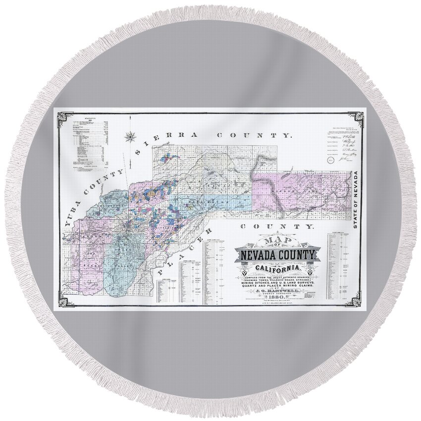 Map Round Beach Towel featuring the digital art 1880 Nevada County Mining Claim Map by Lisa Redfern
