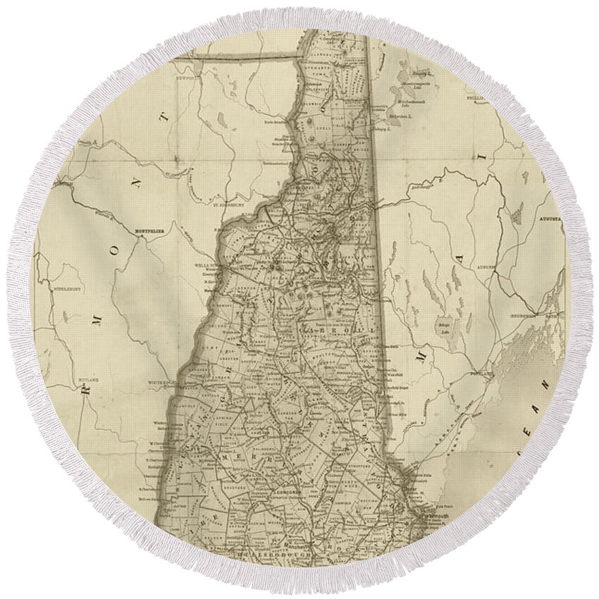 1892 Round Beach Towel featuring the digital art 1892 Railroad Commissioners Map NH Sepia by Toby McGuire