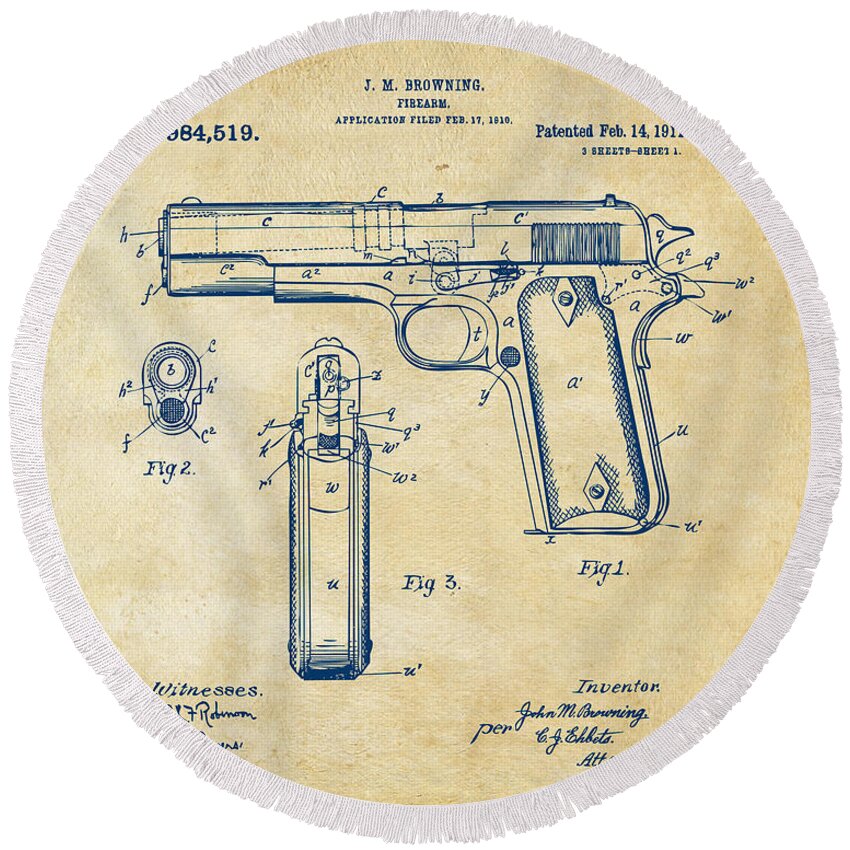Colt 45 Round Beach Towel featuring the digital art 1911 Colt 45 Browning Firearm Patent Artwork Vintage by Nikki Marie Smith