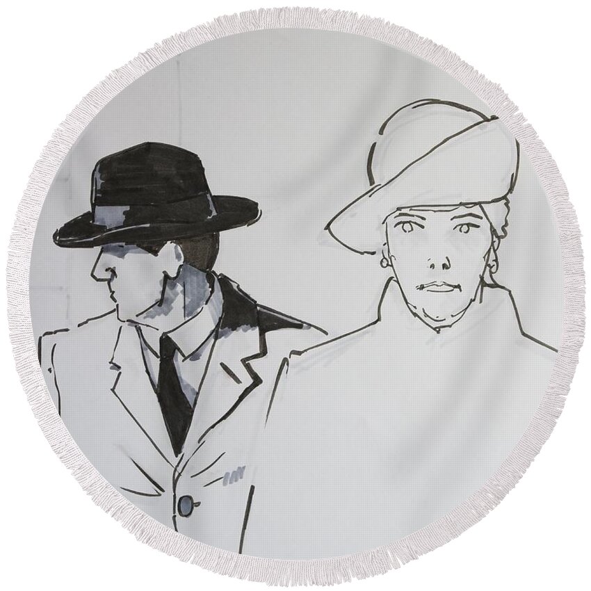 Vintage Round Beach Towel featuring the drawing 1920s Film Noir - I Think Were Being Followed by Mike Jory
