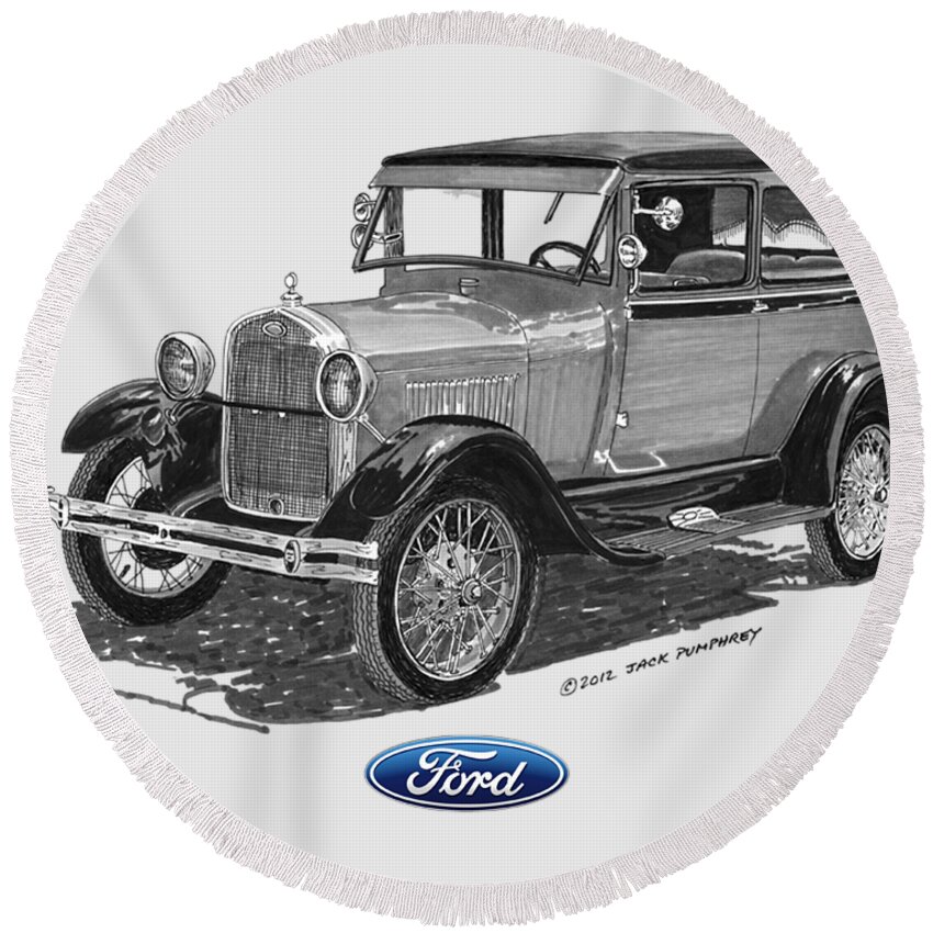 Ford Round Beach Towel featuring the painting Model A Ford 2 Door Sedan by Jack Pumphrey