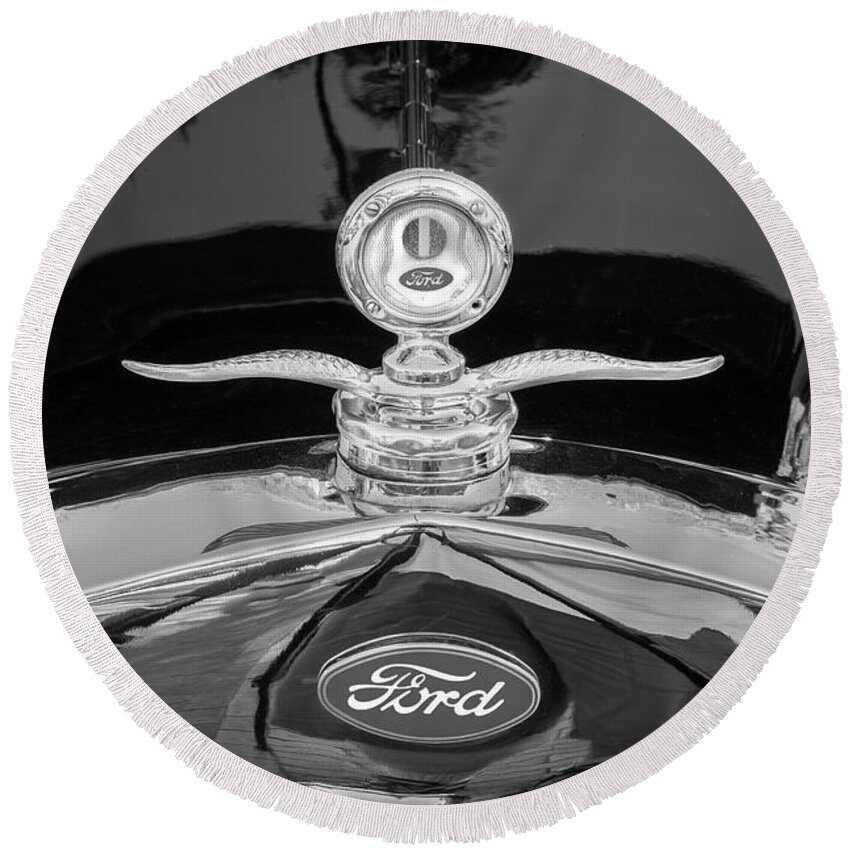 1929 Ford Model A Round Beach Towel featuring the photograph 1929 Ford Model A Hood Ornament BW by Rich Franco