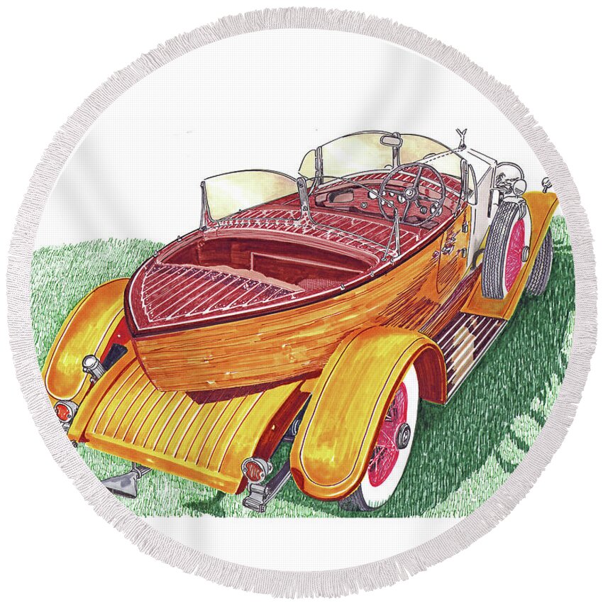 Rear View Of A 1932 Rolls-royce 40/50 Hp Phantom Ii Tourer By Taner Round Beach Towel featuring the painting Rolls Royce Phantom Skiff Tourer by Jack Pumphrey