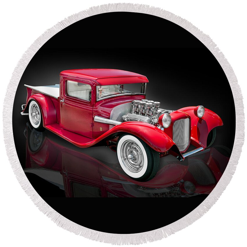 Hot Rods Round Beach Towel featuring the photograph 1934 Ford Custom Pickup Hot Rod by Gary Warnimont