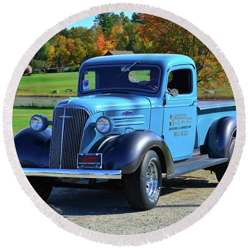 1937 Round Beach Towel featuring the photograph 1937 Chevy Truck by Mike Martin