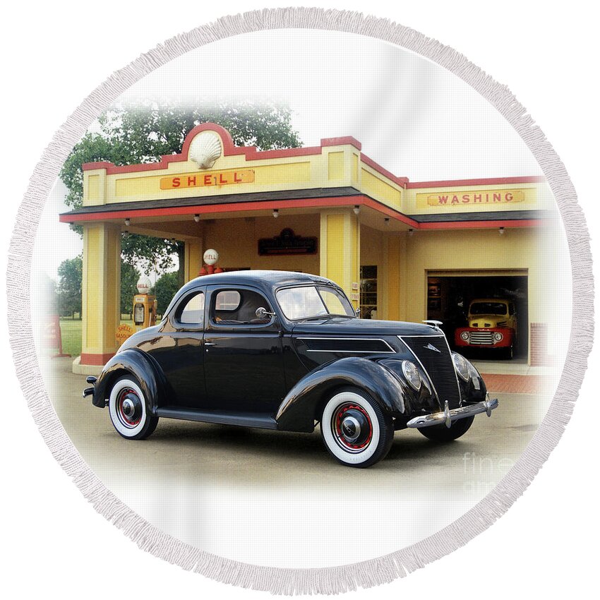 1937 Round Beach Towel featuring the photograph 1937 Ford, Vintage Shell Station by Ron Long