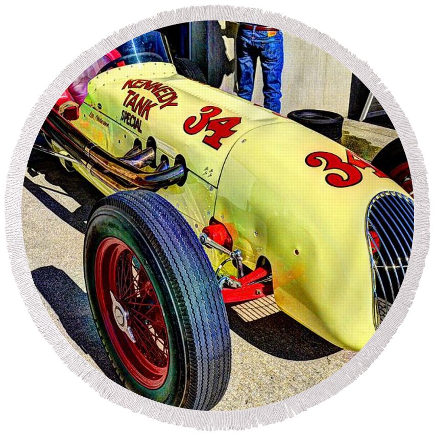 Josh Williams Photography Round Beach Towel featuring the photograph 1948 Kurtis Kraft Indy Roadster #34 Front by Josh Williams
