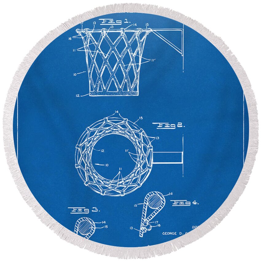 Basketball Round Beach Towel featuring the digital art 1951 Basketball Net Patent Artwork - Blueprint by Nikki Marie Smith