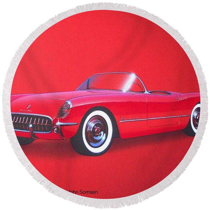 Automotive Art Round Beach Towel featuring the painting 1953 CORVETTE classic vintage sports car automotive art by John Samsen