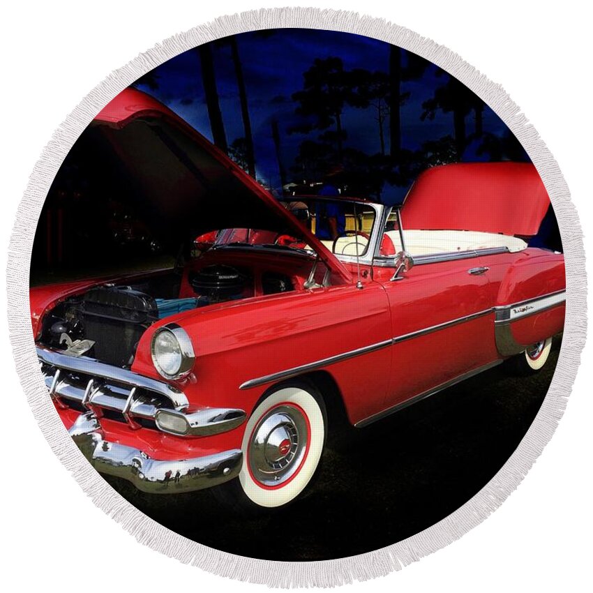 Red Belair Round Beach Towel featuring the photograph 1954 BelAir Convertible by Anne Sands