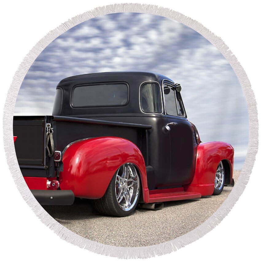 Transportation Round Beach Towel featuring the photograph 1954 Chevy Truck Lowrider by Mike McGlothlen