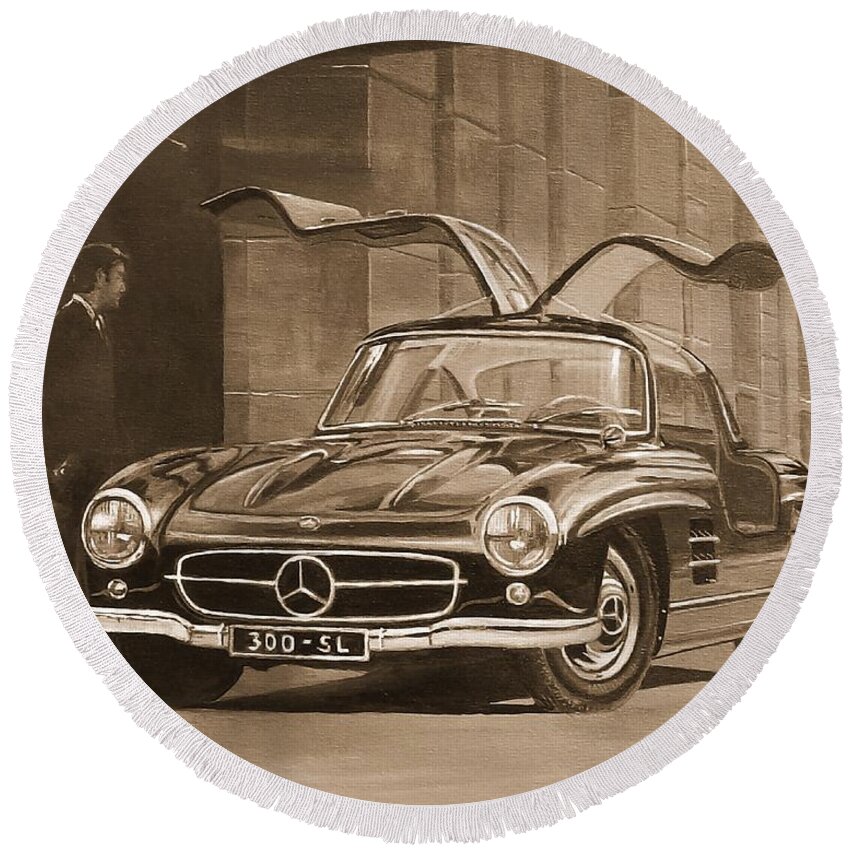 Acrylic Paintings Round Beach Towel featuring the painting 1954 Mercedes Benz 300 SL In Sepia by Sinisa Saratlic