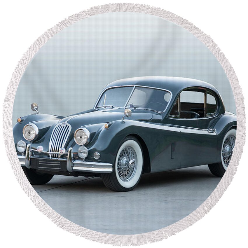 Auto Round Beach Towel featuring the photograph 1955 Jaguar SK 140 Coupe by Dave Koontz