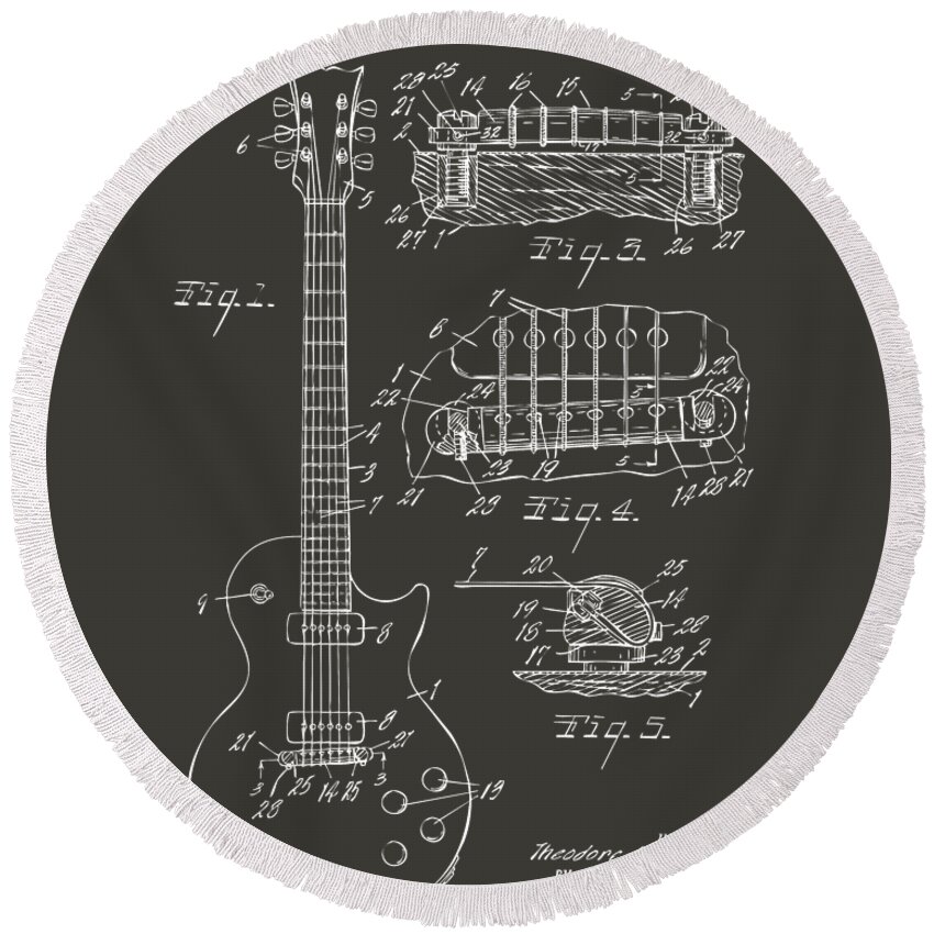 Guitar Round Beach Towel featuring the digital art 1955 McCarty Gibson Les Paul Guitar Patent Artwork - Gray by Nikki Marie Smith