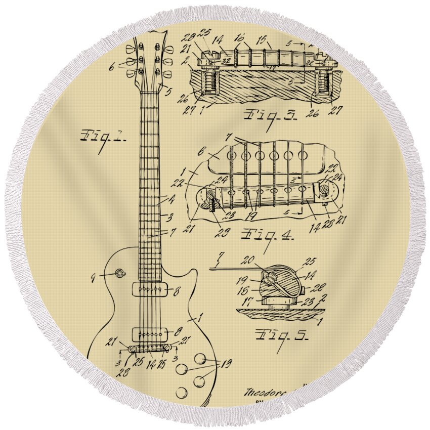 Guitar Round Beach Towel featuring the drawing 1955 McCarty Gibson Les Paul Guitar Patent Artwork Vintage by Nikki Marie Smith