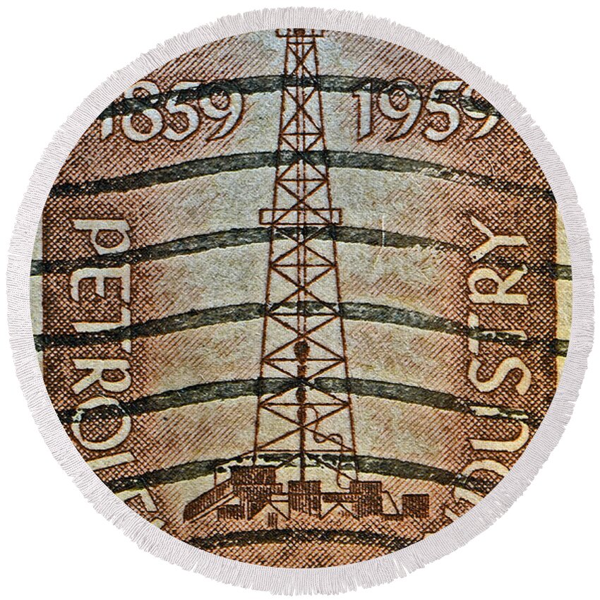 1959 Round Beach Towel featuring the photograph 1959 First Oil Well Stamp by Bill Owen
