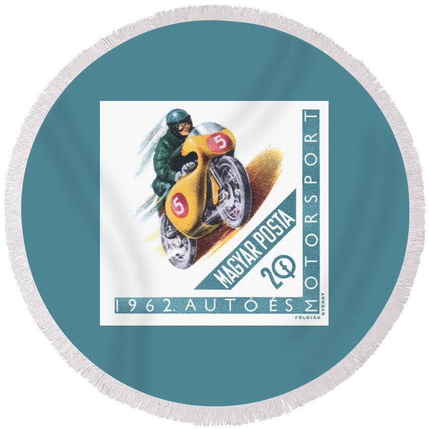 Motorsport Round Beach Towel featuring the digital art 1962 Hungary Motorsport Motorcycle Stamp by Retro Graphics