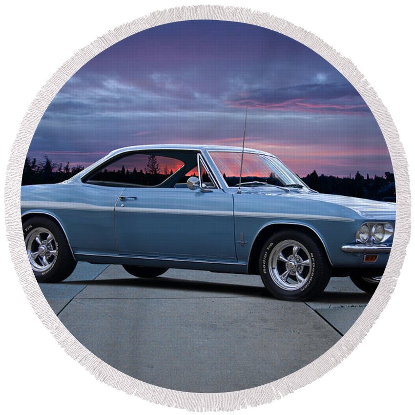 Automobile Round Beach Towel featuring the photograph 1965 Corvair Monza by Dave Koontz