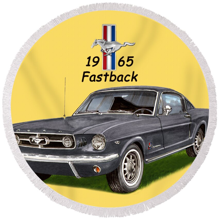 1965 Round Beach Towel featuring the painting Mustang Fastback 1965 by Jack Pumphrey