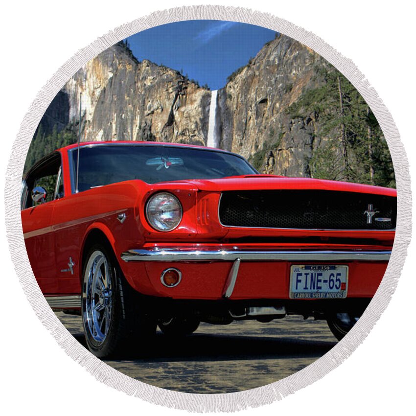 1965 Round Beach Towel featuring the photograph 1965 Mustang Fastback by Tim McCullough