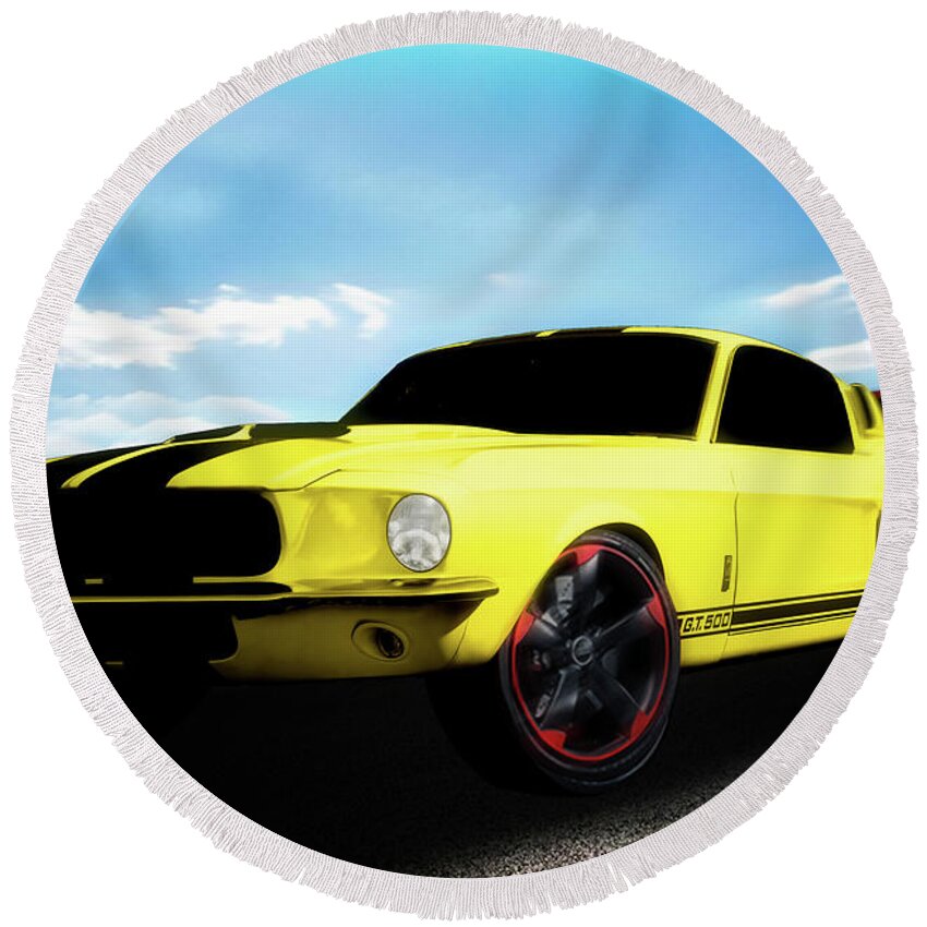 Ford Round Beach Towel featuring the digital art 1967 Mustang GT500 by Chas Sinklier