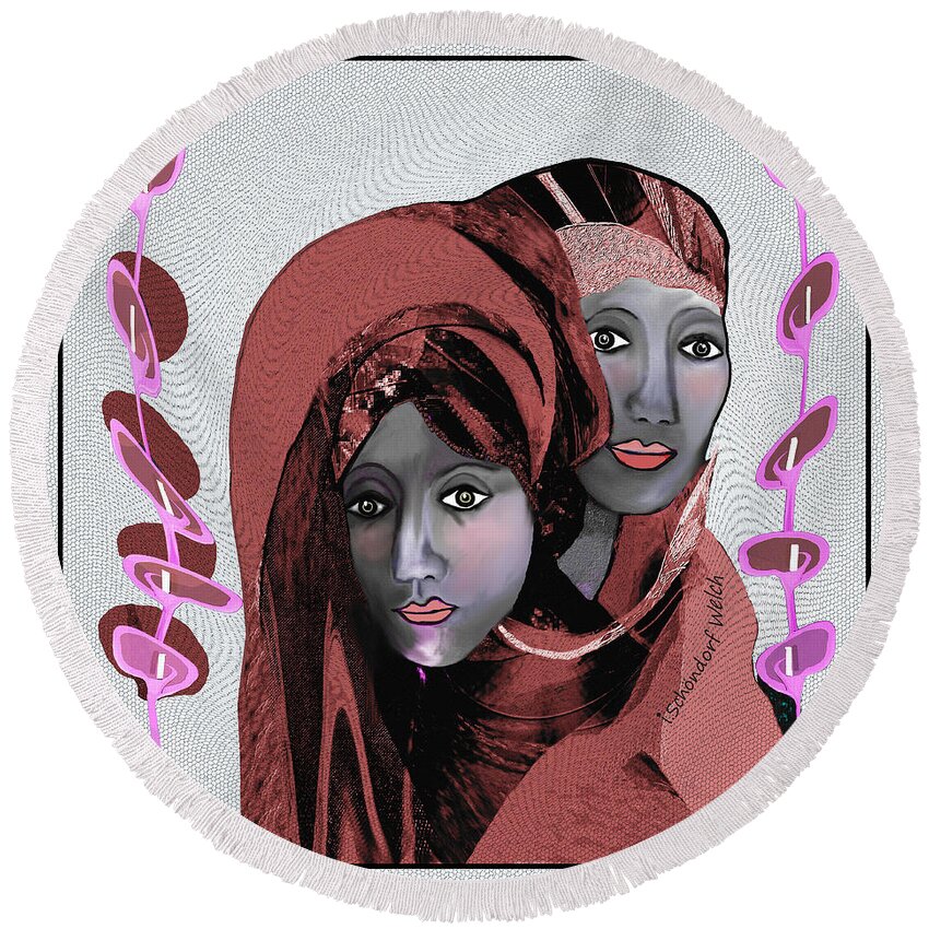 1971 Round Beach Towel featuring the digital art 1971- Rosecoloured Portrait 2017 by Irmgard Schoendorf Welch