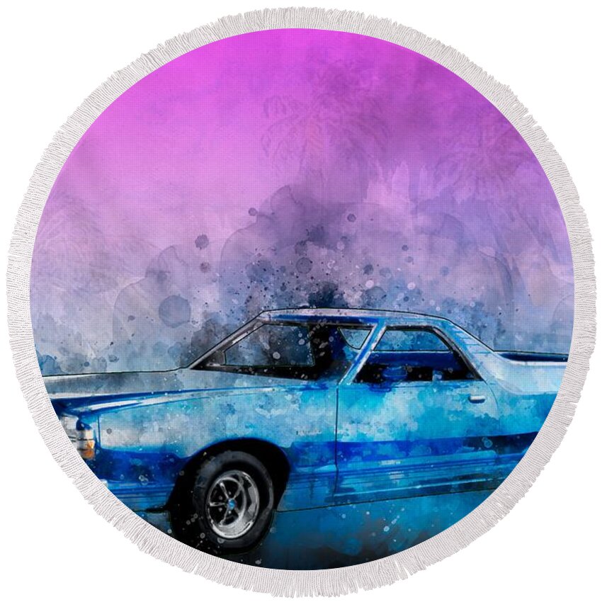 1979 Round Beach Towel featuring the digital art 1979 Ranchero Watercolour of the Last Sport Pickup Truck by Chas Sinklier
