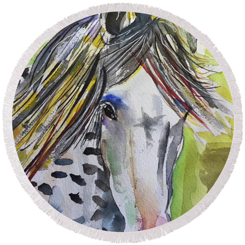 Horse Round Beach Towel featuring the painting Dapple Happiness by Bonny Butler