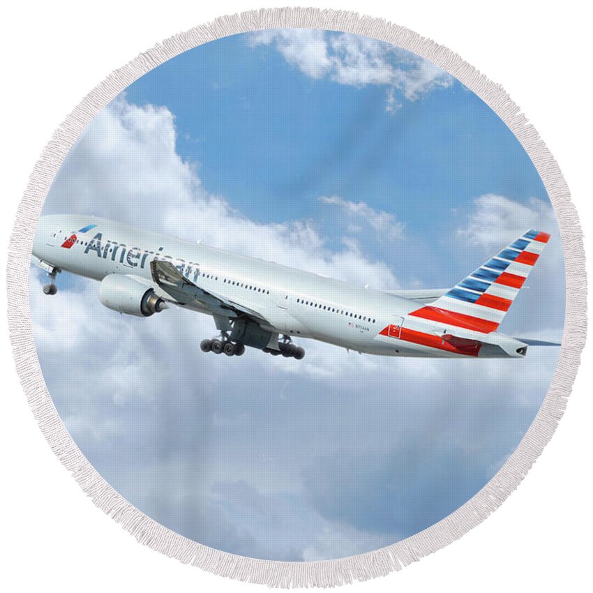 Boeing Round Beach Towel featuring the digital art American Airlines Boeing 777 by Airpower Art