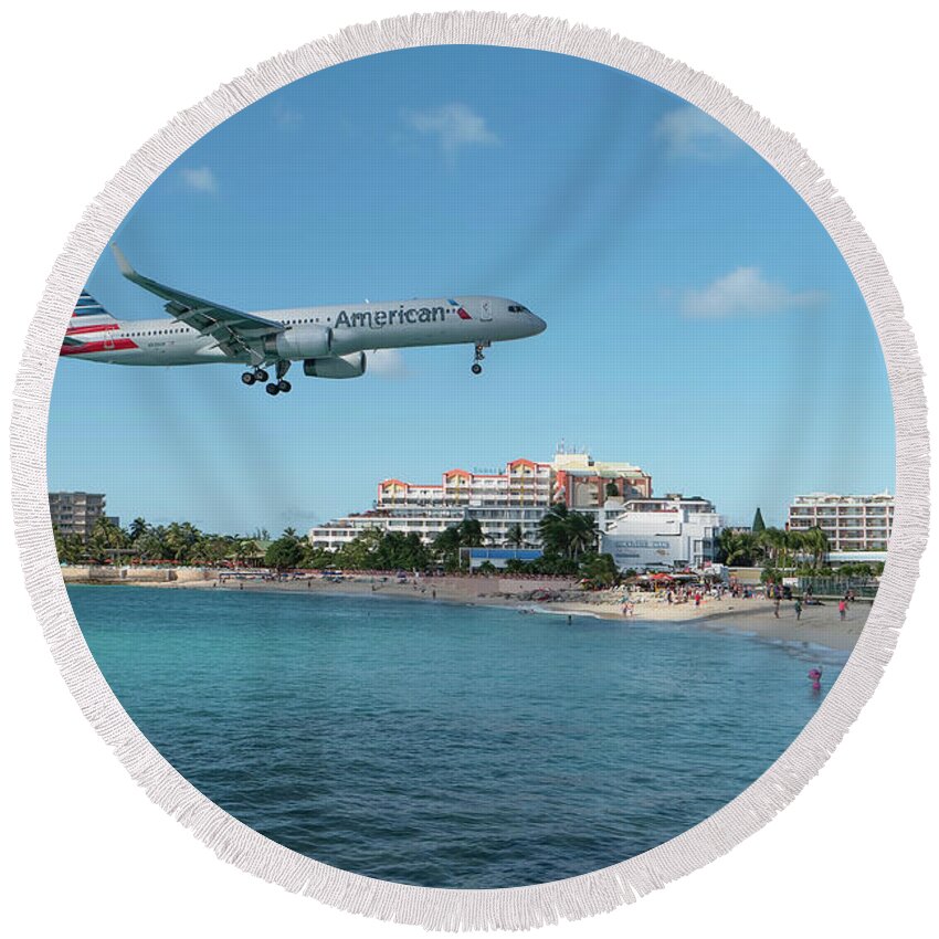 American Airlines Round Beach Towel featuring the photograph American Airlines landing at St. Maarten #2 by David Gleeson