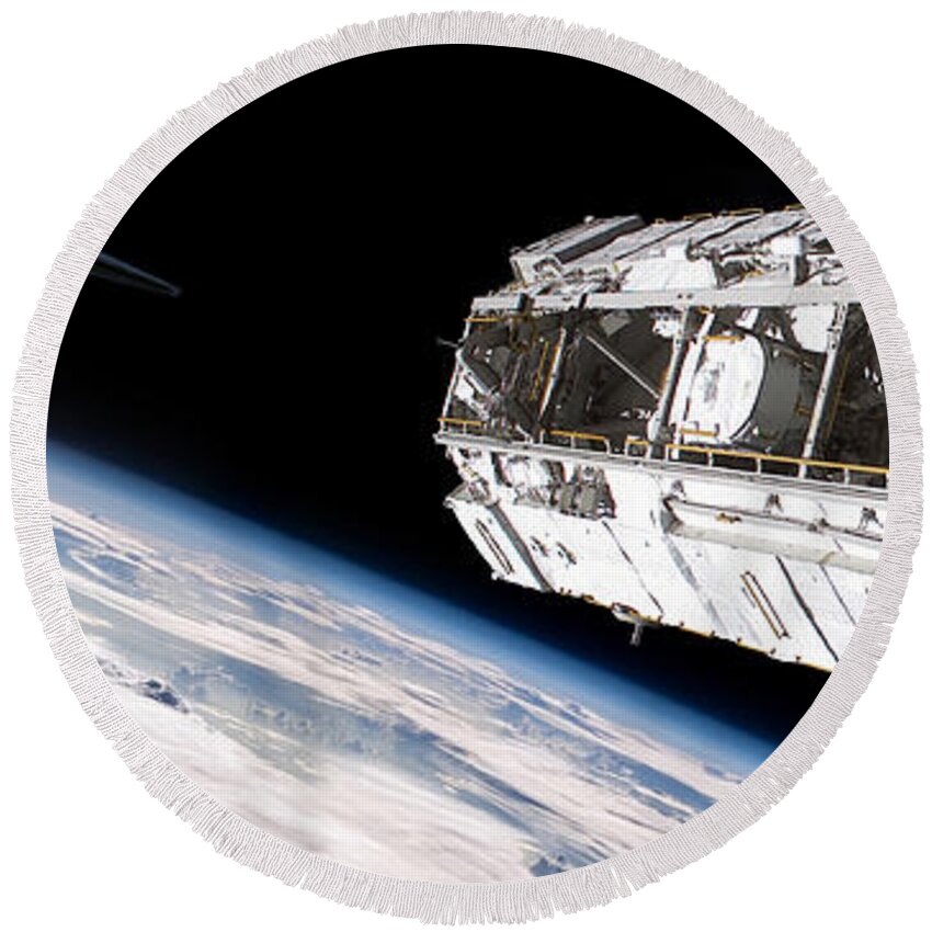 Astronaut Round Beach Towel featuring the photograph Astronauts Repair Space Station #2 by Marc Ward