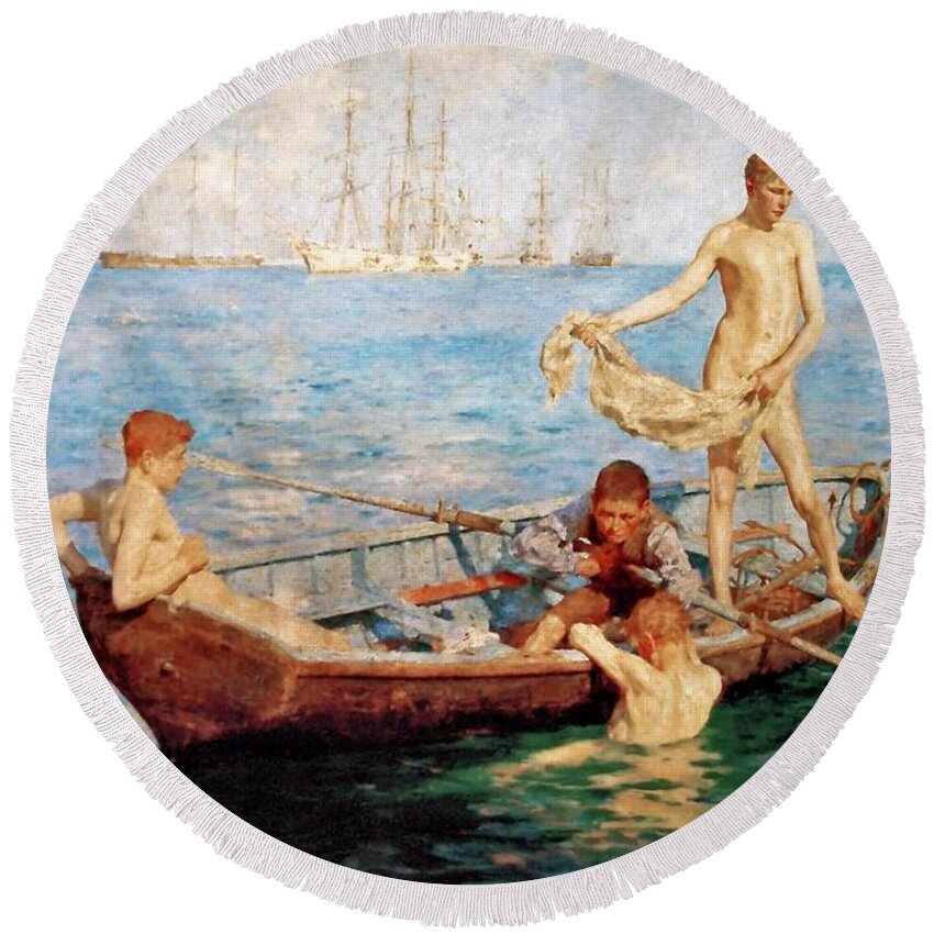 August Blue Round Beach Towel featuring the painting August Blue #2 by Henry Scott Tuke