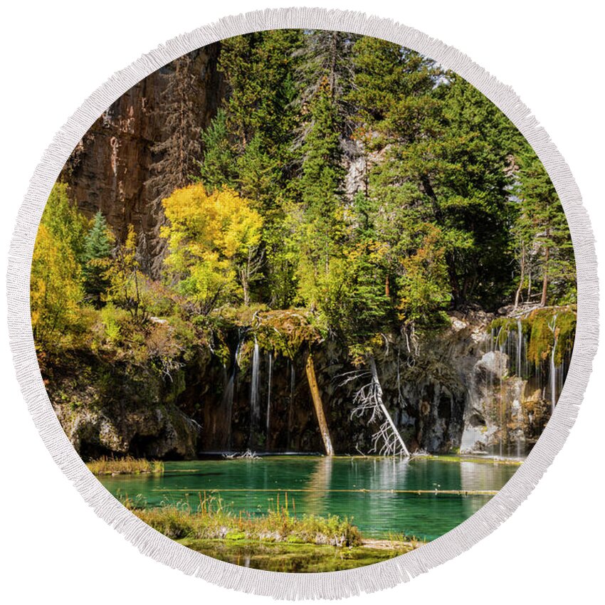 Autumn At Hanging Lake Waterfall Glenwood Canyon Colorado Round Beach Towel featuring the photograph Autumn At Hanging Lake Waterfall - Glenwood Canyon Colorado #2 by Brian Harig