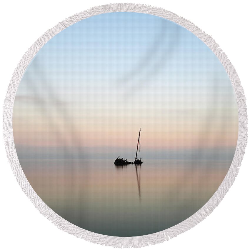 Shipwreck At High Tide Round Beach Towel featuring the photograph Ayrshire Shipwreck in Sunrise #1 by Maria Gaellman